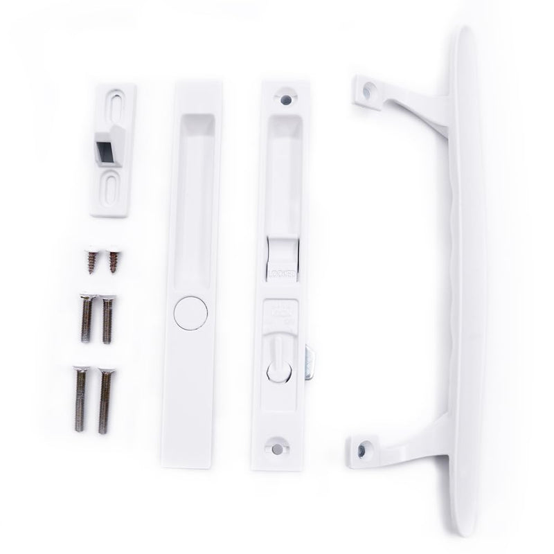 Flush Mount Non-Keyed Sliding Glass Patio Door Lock Handle Set Fits 1" to 1-1/8" Thick Doors 6-5/8" H.C. Night Lock, Hook Latch, Non-Handed (White) White