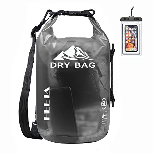 HEETA Waterproof Dry Bag for Women Men (Transparent Black 5L) Bundled with 2-Pack Waterproof Pouch with Waist Strap (Pink & Grey)