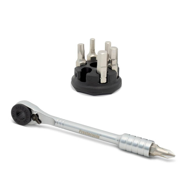 Prestacycle Prestaratchet Micro, Heavy-Duty Mini Ratchet & 1/4 Bits for Bike Repair & Maintenance, 40Nm Small Ratchet & Screwdriver with 6 Hex Bit Set, with Round Bit Holder & Tool Stand Micro w/6 Bits