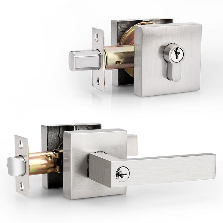Probrico Square Entrance Lever with Double Cylinder Deadbolt Set Keyed Alike Combo Pack(for Office and Front Door), Heavy Duty Satin Nickel Entry Door Lockset for Right and Left Side, 1 Pack Brushed Nickel