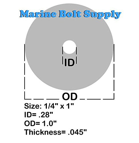 Type 18-8 Stainless Steel Fender Washers Size 1/4" x 1" (pack of 100pcs) Marine Bolt Supply 1/4" x 1"