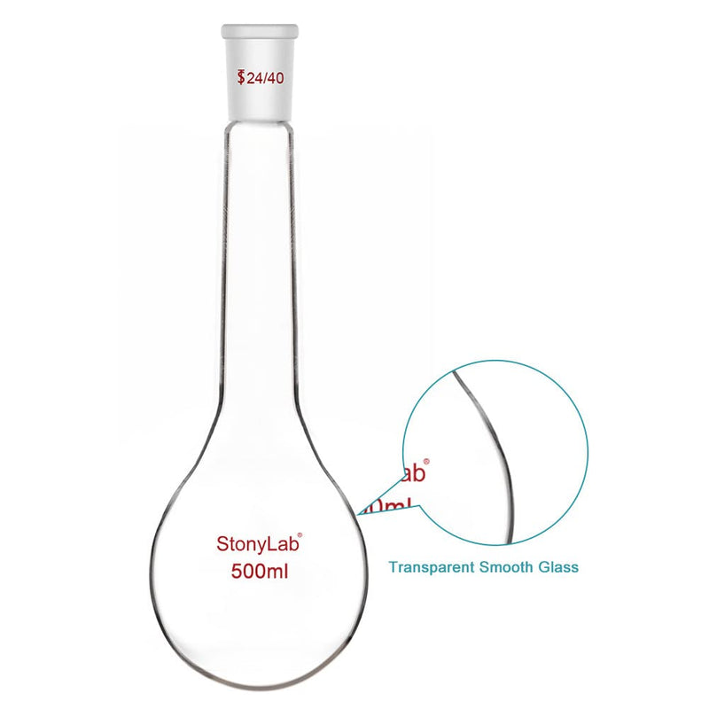 stonylab Kjeldahl Flask, Heavy Wall Long Neck Lab Flask Borosilicate Glass Round Bottom Kjeldahl Flask with 24/40 Standard Taper Outer Joint, 500 ml