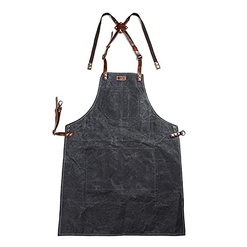 One Size Fits Utility Apron Adjustable Cross-Back Straps Multi-Use Portable Waxed Canvas Aprons With 5 Tool Pockets. Black