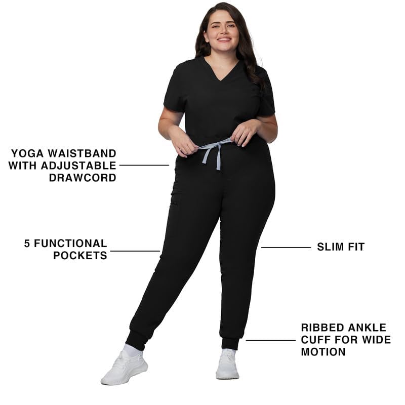 Medical Scrub Pants for Women - Mid Rise 4-Way Stretch Anti-Wrinkle Slim Fit Jogger Pants, Drawstring & 5 Pockets Regular Medium Black