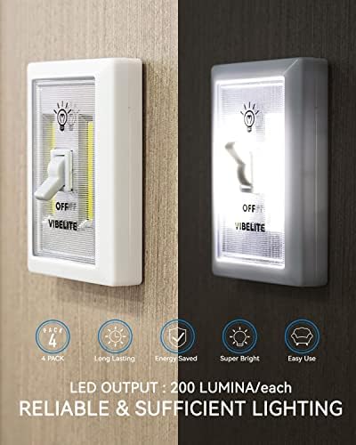 VIBELITE Closet Light, Battery Operated Switch Light, Tap Light, Touch, Push Night Lights, Wall Wireless Mount Under Cabinet, Shelf, Shed, Kitchen, Garage, Attic, RV, Lighting Installations (4-Pack) Battery Excluded White