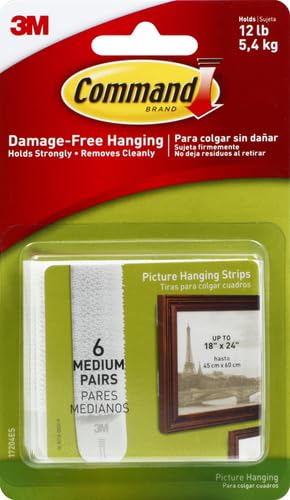 Command Medium Picture Hanging Strips, Damage Free Hanging Picture Hangers, No Tools Wall Hanging Strips for Living Spaces, 6 White Adhesive Strip Pairs