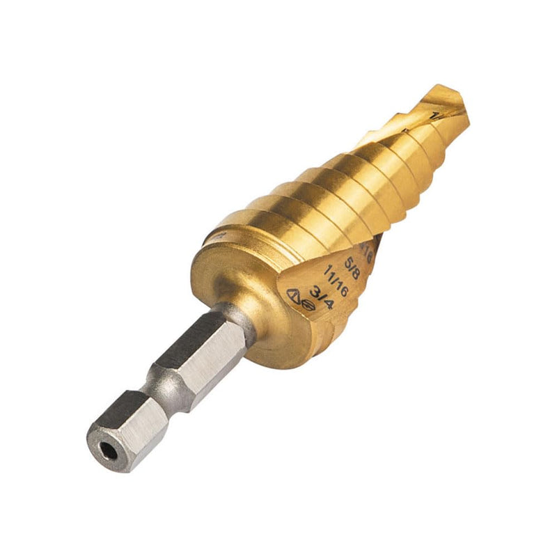 Klein Tools 25963 Step Drill Bit, 1/4 to 3/4-Inch, Spiral Double-Fluted, Cuts Thin Metal, Plastic, Aluminum, Wood, 1/4-Inch Hex Shank, VACO