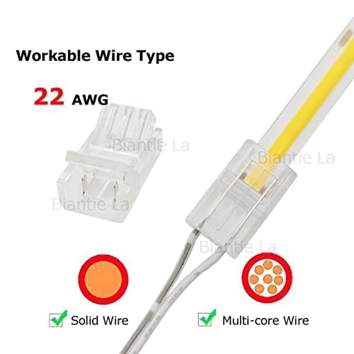 2-Pin 8mm COB Strip to Wire Connector Unwired Clips Solderless Adapter Terminal Extension Connection for High Density LED Strips Lights 12V 24V (Pack of 10)