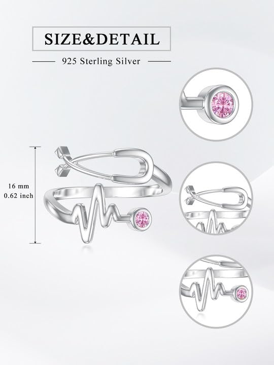 Seiyang Stethoscope Medicine Birthstone Ring 925 Sterling Silver Heartbeat EKG Stethoscope Ring with 12 Months Birthstone Graduation Gifts Medical Jewelry for Doctor Nurse Students Non-Personalized 10-October