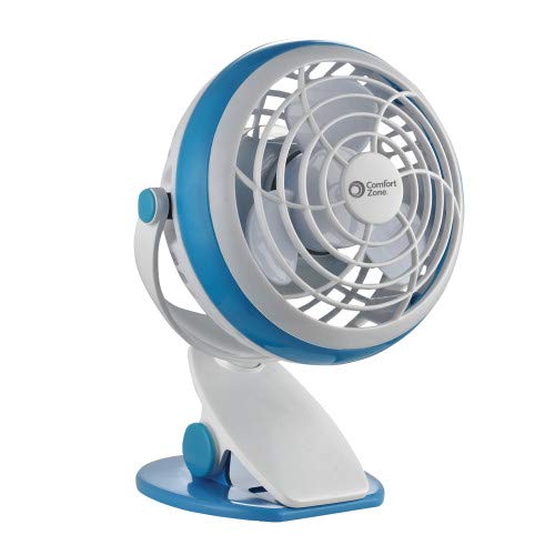 Comfort Zone Dual Base Combo Clip or Desk Fan, USB or Battery Powered, 4 inch, Single Speed Setting, Adjustable Tilt, Lightweight, Ideal for Home, Bedroom, Office, or Dorm, CZBT4BL Blue