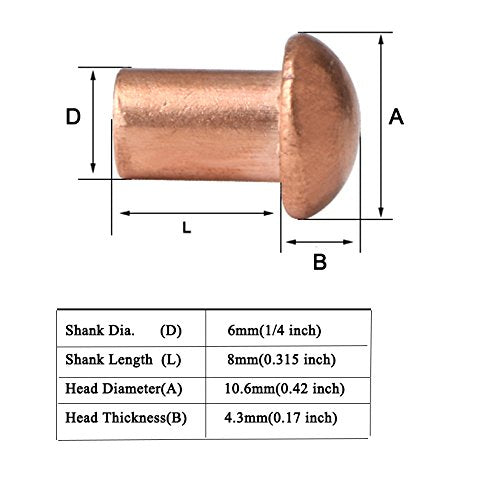 50 Pcs Copper Solid Rivets 1/4 Diameter 5/16 L Shank Copper Round Head Fasteners,M6x8 (Pack of 2) M6x8mm (Pack of 2)