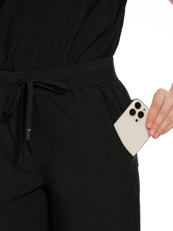 COZYFIT Medical Scrub Pants for Women - Soft Stretch,Drawstring Jogger Pants with 5 Pockets Black Medium