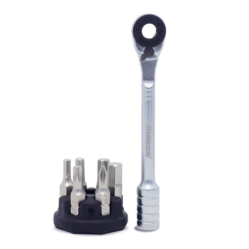 Prestacycle Prestaratchet Micro, Heavy-Duty Mini Ratchet & 1/4 Bits for Bike Repair & Maintenance, 40Nm Small Ratchet & Screwdriver with 6 Hex Bit Set, with Round Bit Holder & Tool Stand Micro w/6 Bits