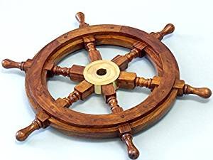 Captain’s Wooden Ship Wheel 12” – Handcrafted Wheel with Brass Ring & Hub, Nautical Wall Décor,Pirate and Beach-Themed Home or Office
