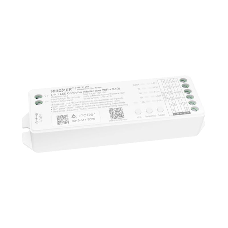 MiBOXER ML5 Matter 5-in-1 LED Strip Controller, WiFi and 2.4GHz, Matter Over WiFi, Single Color CCT RGB RGBW RGB+CCT, DC 12V-24V