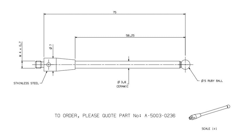CMM Touch Probe Styli Stem M4 5mm Diameter Ruby Ball Tip L75mm Ceramic Rod A-5003-0236 (M4*D5*L75)