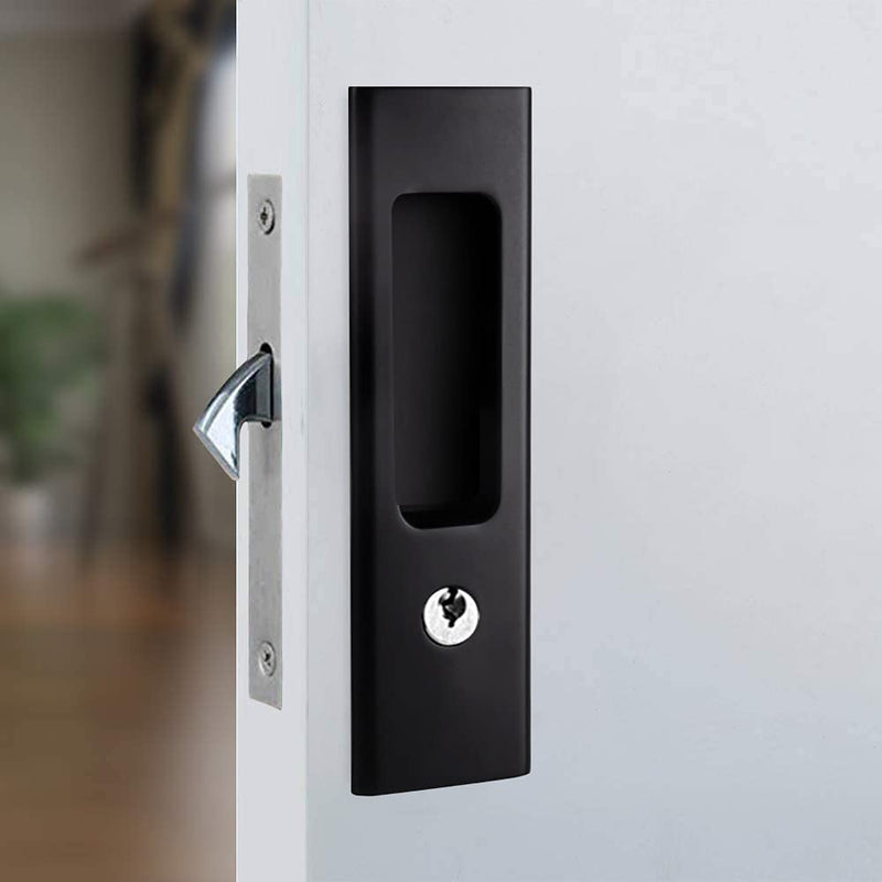 6.3” Privacy Pocket Door Lock Hardware,Invisible Door Handle with Keys,Recessed Door Handle for Pocket Sliding Door Lock Furniture Hardware,Matte Black 1 Pack