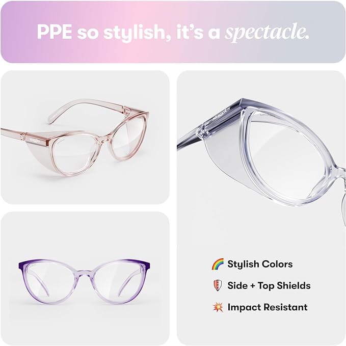 Stoggles Cat Eye Z87.1 Certified Safety Glasses, Blue-Light, UV Blocking Lens, Top & Side Shield, Anti-Fog, Stylish Eyewear Blush