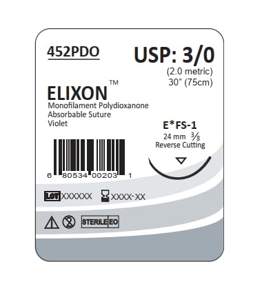 ELIXON Suture with Reverse Cutting Needle, 12 Pack. Sutures for Surgical Wound Training Students, Practice and Educational Use. Polydioxanone Absorbable Material 3/0 PDO, 30”, FS1, Violet 452PDO