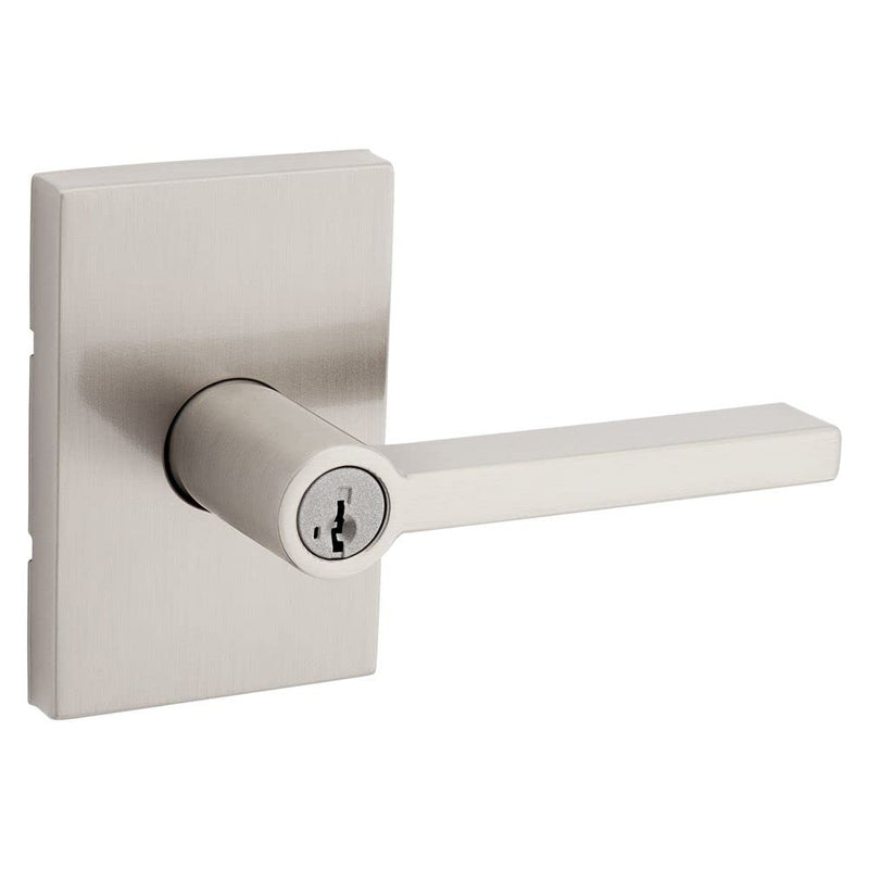 Kwikset Halifax Entry Door Handle with Lock and Key, Secure Keyed Reversible Lever Exterior, For Front Entrance and Bedrooms, Satin Nickel, Pick Resistant Smartkey Rekey Security and Microban Keyed Entry
