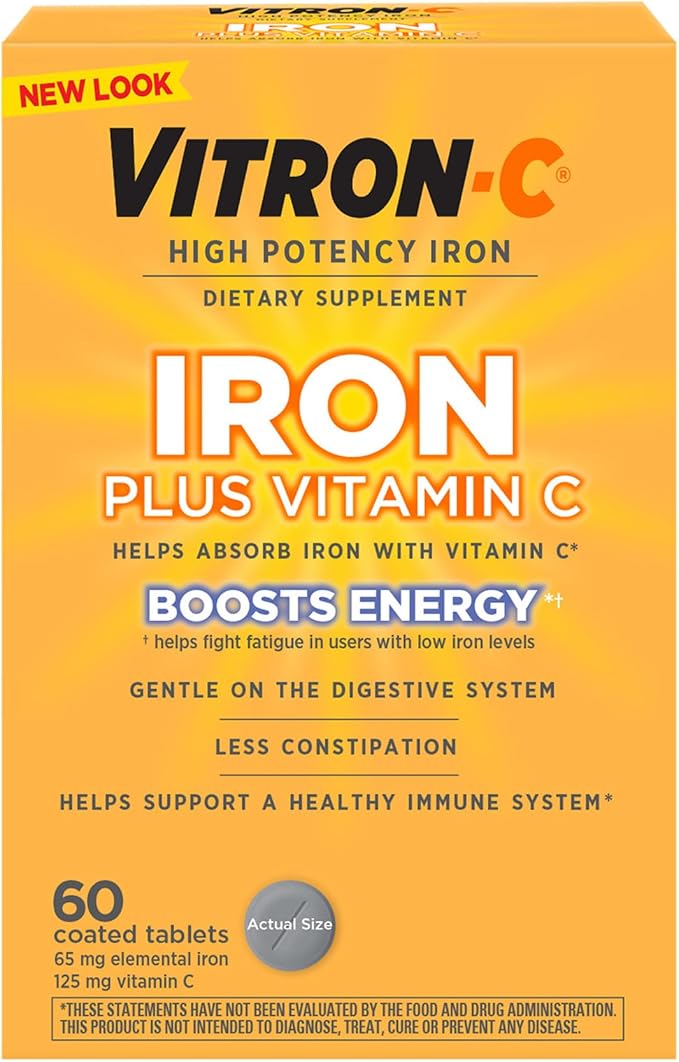 Vitron-C High Potency Iron Supplement with 125 mg Vitamin C, Dye Free, Vegan, Gluten Free, 60 Count