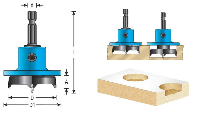 Amana Tool 203361 Carbide Tipped 2 Wing Boring Bit with Spurs with Adjustable Depth-Stop 35mm D x 1/4 Inch Quick Release Hex SHK