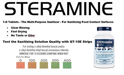 Steramine Quat Test Strips for Food Service, 30 x QT-10, Test Strips to Measure 0-400 ppm, for Testing Sanitizing Solutions Made with Steramine Quaternary Tablets, Hydrion QT-10E, 2 x Envelopes 32