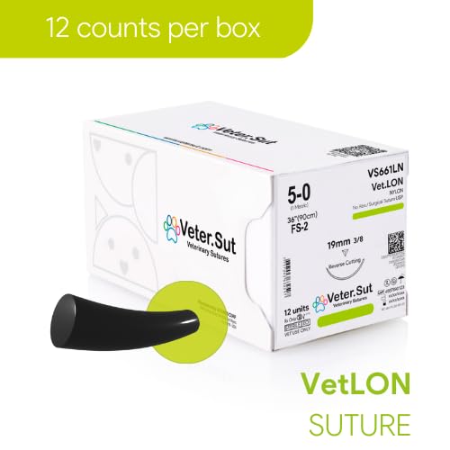 VeterSut VetLON Non-Absorbable Nylon Surgical Suture USP Size 5-0, (FS-2) 3/8 19mm Reverse Cutting Needle, 36 Inches (90 cm), 12 Count, Veterinary Use
