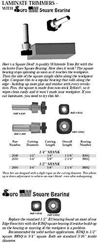 Whiteside 2660 Laminate Flush Trimmer Router Bit: 3/4 Inch Cutting Diameter, 5/8 Inch Cutting Length, 1/2 Inch Shank, 2-1/4 Inch Overall Length, Square B8SQ Bearing