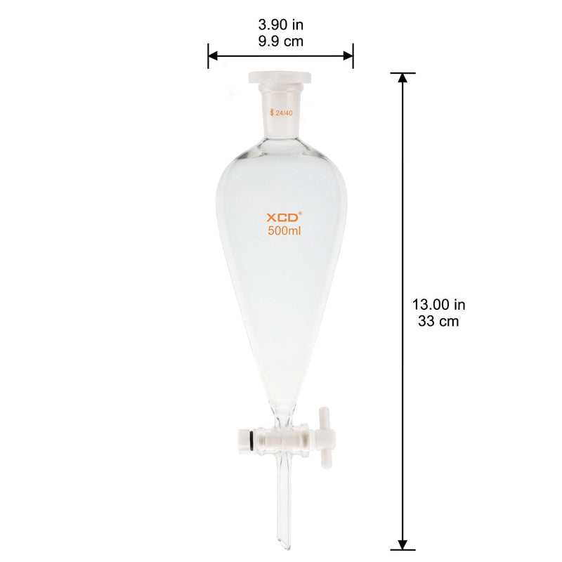 XCD Borosilicate Glass Heavy-Wall Conical Lab Separatory Funnel with 24/40 Joints and PTFE Stopcock, 500 ml 500.0 milliliters Oval 1 XCD-Sep-Funnel-24/40-1PK