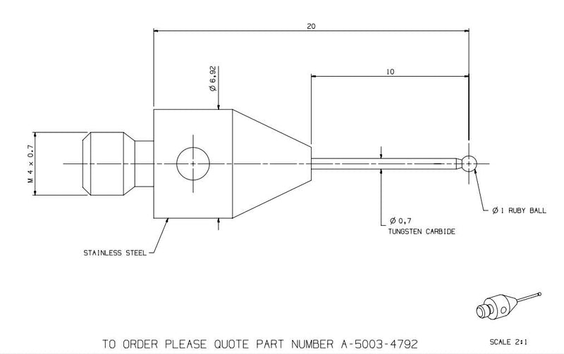 CMM Probe Touch Stylus for Renishaw CNC Probe OMP40-2 OMP60 A-5003-4792 M4 Thread L20mm D1mm Tungsten Carbide and Use for DMG Machine