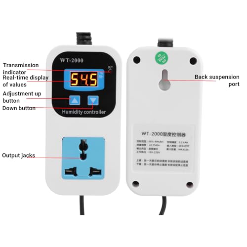 Digital Humidity Controller 0-99% RH Hygrostat with Sensor Outlet 110-220V for Humidifier Dehumidifier HVAC (US Plug) US Plug