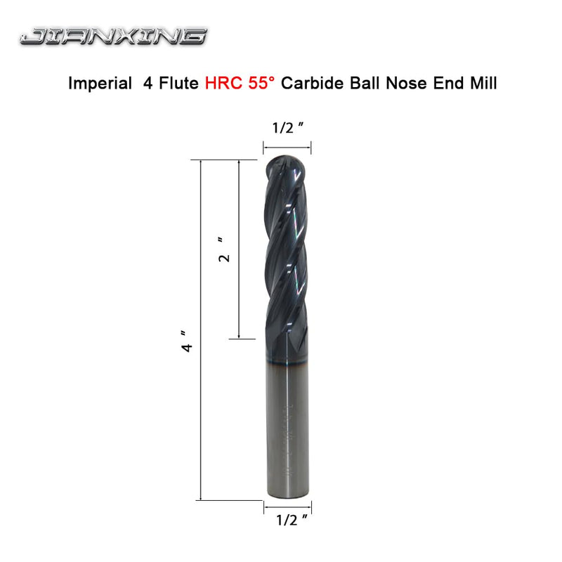 1/2" Extra Long Carbide Ball Nose End Mill for Alloy Steels/Hardened Steels, 4" Overall Length End Mill Bits, 4 Flute HRC 55 Deg AlTiN Coating, CNC Router Bits (1 Pieces) 1/2" Extra Long