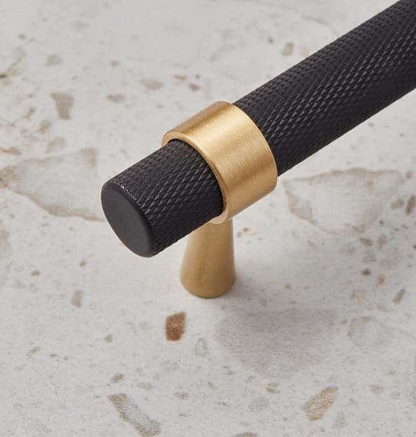 Set of 2 Solid Brass Cabinet Pulls 6.3 Inch (5 Inch Hole Centers) Gold Black Knurled Textured Cabinet Handles Brass Pulls for Dresser Door Drawer Hardware (2, Black Gold)