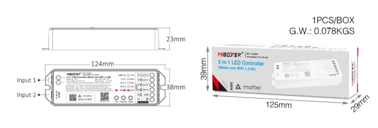 MiBOXER ML5 Matter 5-in-1 LED Strip Controller, WiFi and 2.4GHz, Matter Over WiFi, Single Color CCT RGB RGBW RGB+CCT, DC 12V-24V