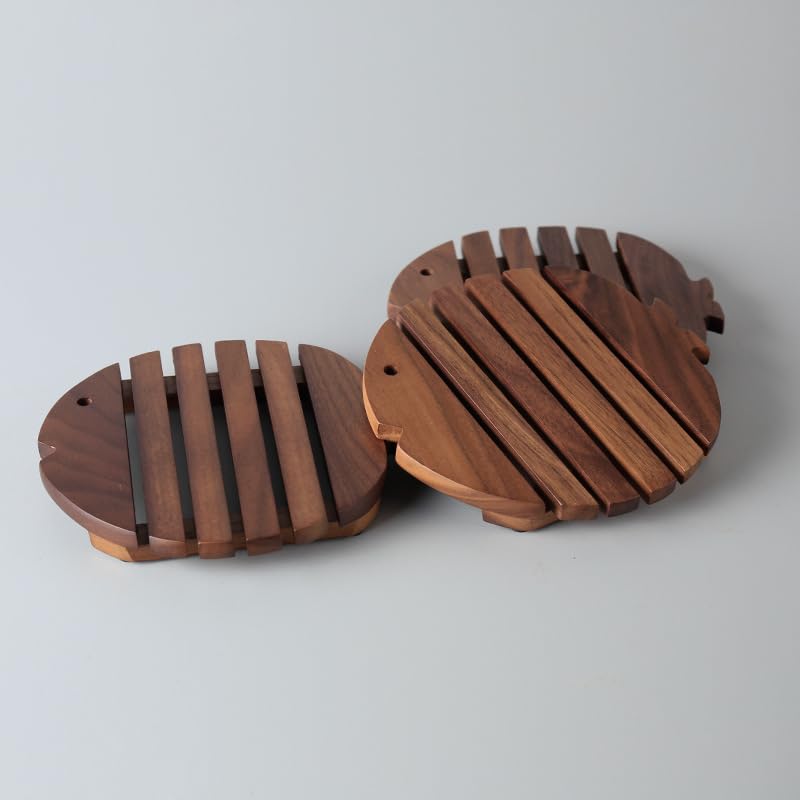 3 Set Wooden Trivets for Hot Dishes Fish Shape Trivets for Pot Holders and Pans for Kitchen Insulation Mats for Countertops Tables（Black Walnut）