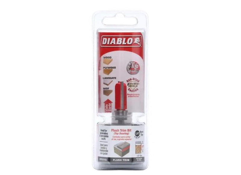 Diablo Flush Trim Router Bit with Top Bearing - Cuts Hardwood, Softwood, Plywood, Composite Materials - 1/2" Dia, 1/4" Shank, Tico Carbide, Anti-Buildup Coating - DR50102 1/2" Dia × 1/4" Shk x 2-5/8" L Top Bearing Flush