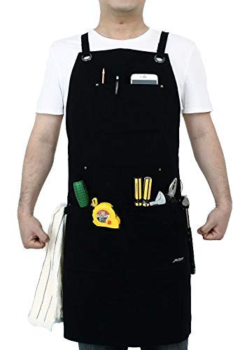 Heavy Duty Canvas Work Apron,Tool Pockets, Back Straps Adjustable（black） Black
