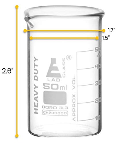 EISCO 12PK Heavy Duty Beakers, 50ml - 2.2mm Thick, Uniform Walls - Superior Durability & Chemical Resistance - White Graduations - Borosilicate 3.3 Glass