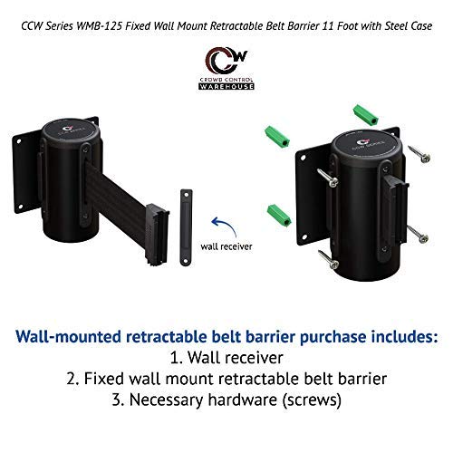 Crowd Control Warehouse - CCW Series WMB-125 Fixed Wall Mount Retractable Belt Barrier - 11 Foot, Black and Yellow Diagonal Stripes Belt with Black Steel Case Solid Color