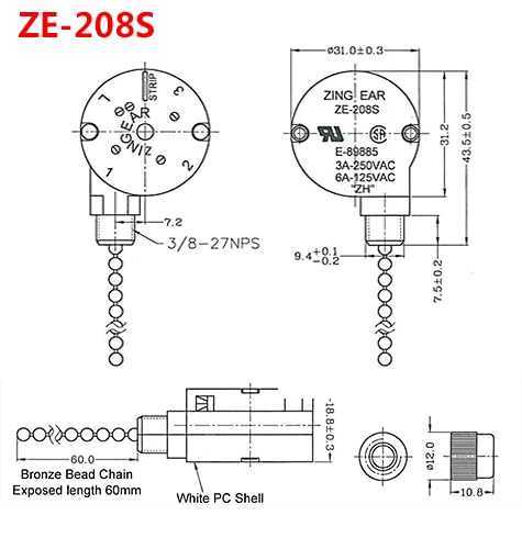 Ceiling Fan Switch Zing Ear ZE-208s E89885 3 Speed 4 Wire Pull Chain Switch Fan Light Switch Replacement Part with 4 Pre-Installed Wires(Bronze Chain) Bronze