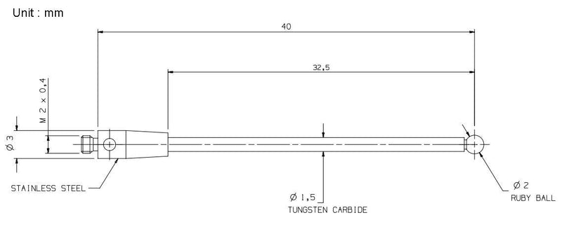 Cmm Probe Stylus 2mm Ruby Ball M2 Thread 40mm Long Tungsten Carbide Stem A-5003-0037 (H0037 M2*D2.0*L40.0)