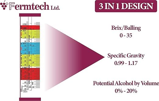 Glass Triple Scale Hydrometer. Test The ABV, Brix & Gravity of Your Wine, Beer, Mead & Kombucha accurately (Hydro) Hydro