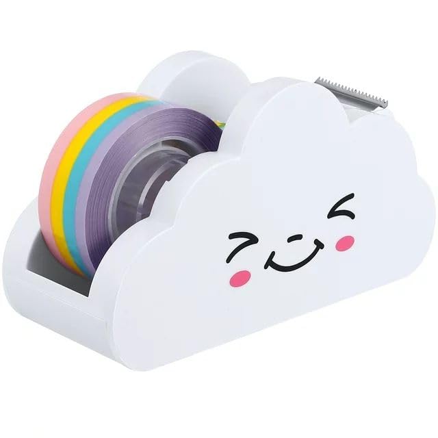 White Tape Desk Dispenser Cloud Tape Cutter with Rainbow Novelty Tape Dispenser Cute Tape Dispenser Holder for Home School Office Stationary Packaging Wrapping Craft Supplies