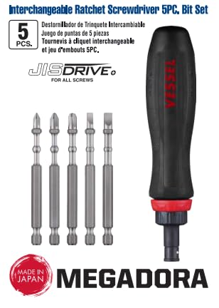(USA Official) VESSEL MEGADORA Interchangeable Ratchet Screwdriver 5PC. Bit Set
