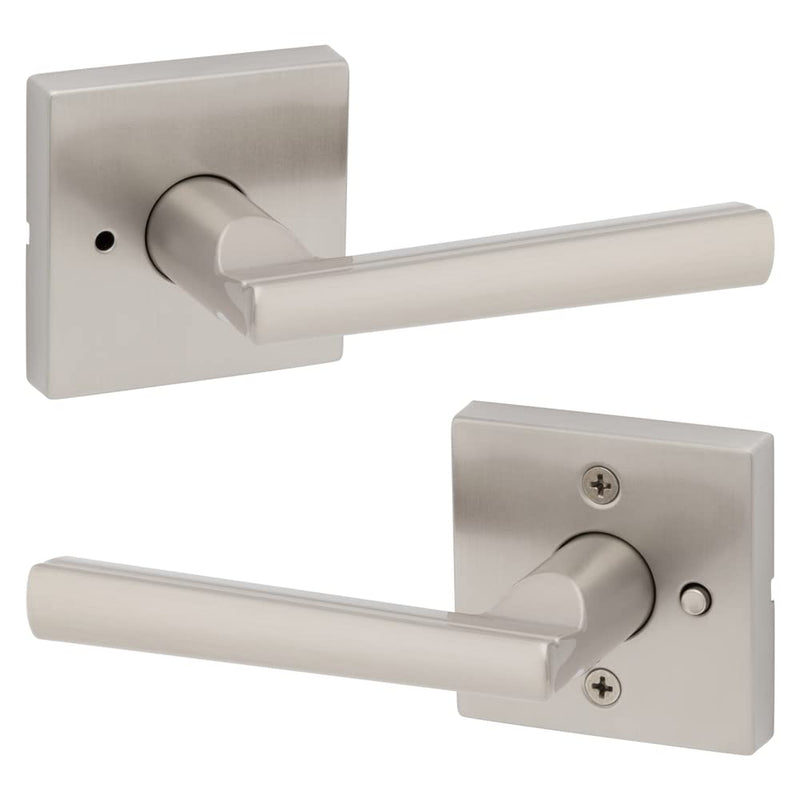 Kwikset Montreal Interior Privacy Door Handle with Lock, For Bathroom and Bedroom, Satin Nickel Reversible Keyless Push Button Lock Door Lever 1 Pack