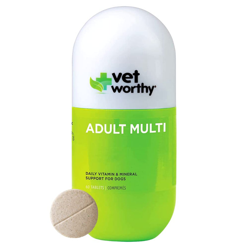 Vet Worthy Adult Multi Vitamins - Multivitamin for Dogs to Support Optimum Health and Overall Wellness - Dog Supplement with Iron, Magnesium, Zinc, Vitamin A, B Vitamins - Liver Flavor, 60 Tablets