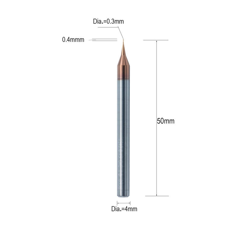 3PCS HRC60 2 Flutes Micro Carbide Flat End Mill 0.3mm Cutting Dia × 4mm Shank × 50mm OAL – Precision CNC Router Bit for Metal, PCB, Plastic, and Mold Milling Cutting diameter 0.3mm