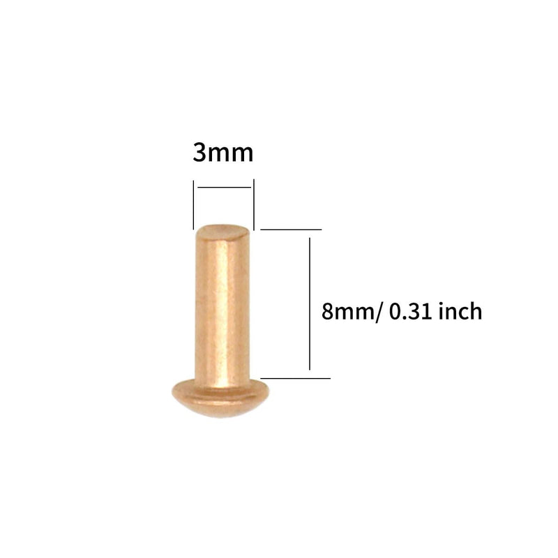 100 Pieces Round Head Solid Rivets Fasteners Copper Rivets (M3x8) M3x8