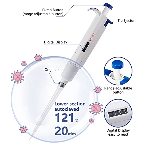FOUR E'S SCIENTIFIC 1-5ML Single-Channel Pipettor with Pipettor Tips 5mL Volume Range 100pcs